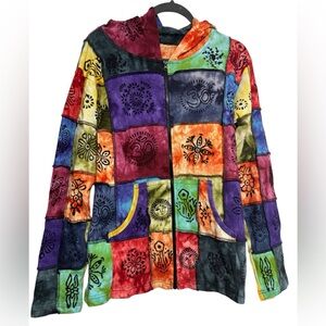Kathmandu Imports Patchwork Hoodie Handcrafted Nepal Boho Hippie Zip-Up Sz L